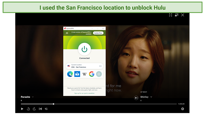 Screenshot of Hulu player streaming Parasite unblocked by ExpressVPN