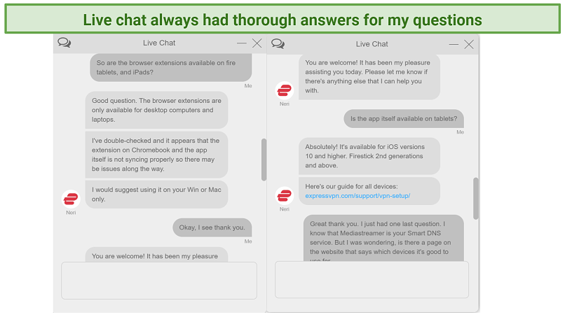 Screenshot of live chat support agent answering questions about Chromebook and tablets