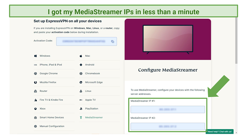 Screenshot of MediaStreamer settings on ExpressVPN account website