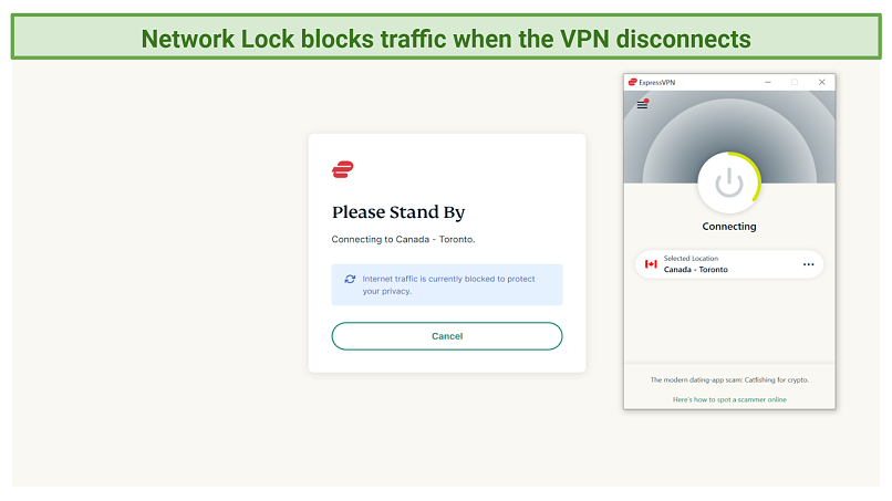 Screenshot of kill switch screen that appears while ExpressVPN is loading
