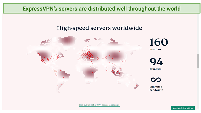 Captura de pantalla del mapa del servidor desde el sitio web de ExpressVPN