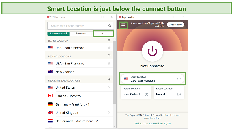 Screenshot of ExpressVPN app showing where to find Smart Location and server list