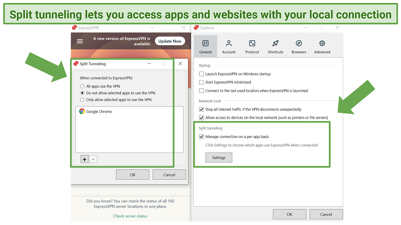 Screenshot of ExpressVPN split tunneling features on Android and Windows apps