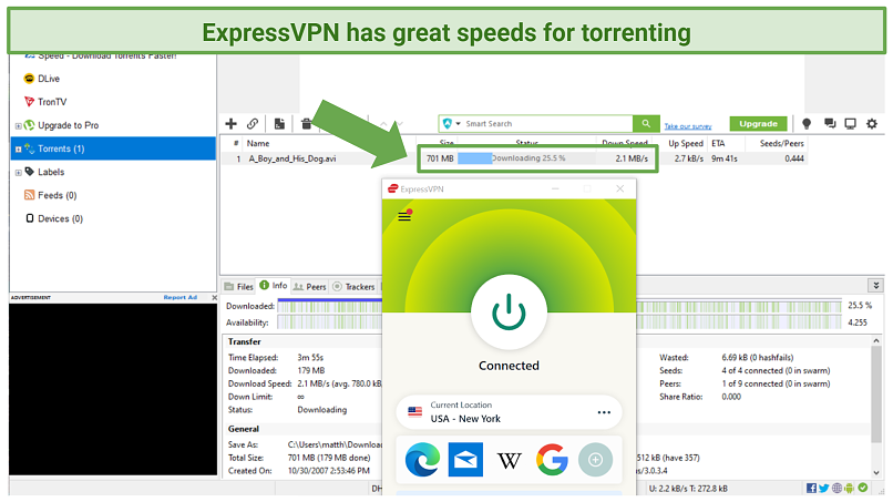 Captura de pantalla de Utorrent descargando a un niño y su perro mientras está conectado a Expressvpn