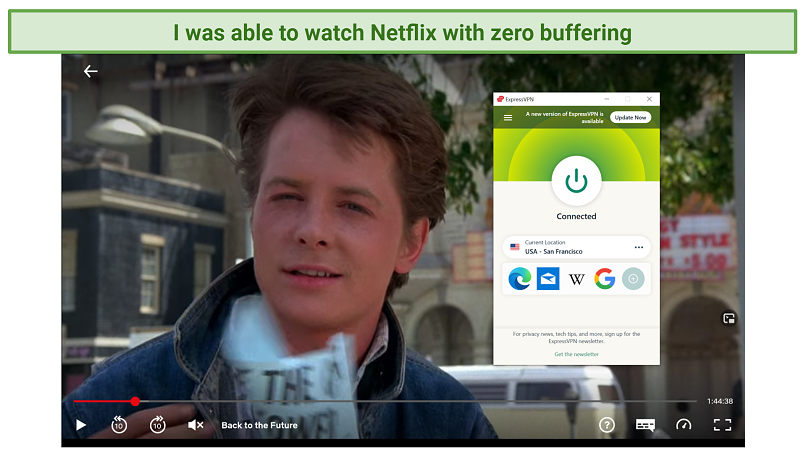 Screenshot of Netflix player streaming Back to the Future unblocked with ExpressVPN