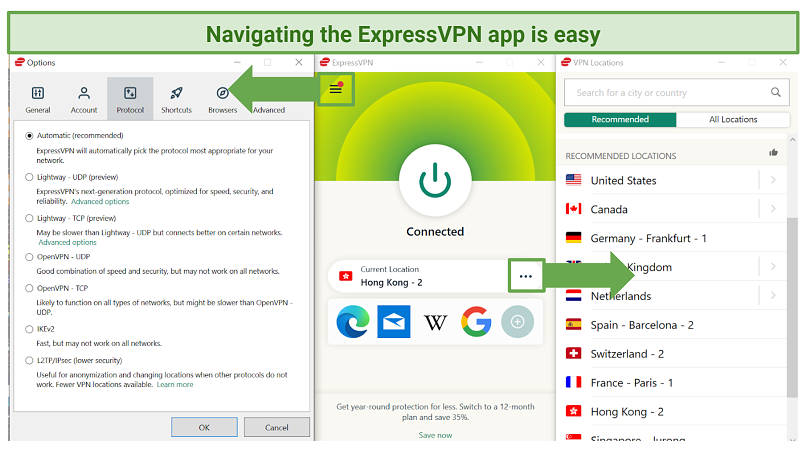 Screenshot of ExpressVPN Windows app showing the home screen, server list, and options page