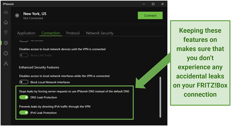 A screenshot showing the IPv6 and DNS Leak Protection features on IPVanish's Windows app