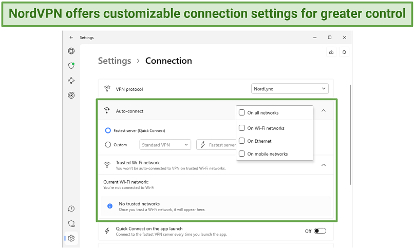 Image shows a screenshot of NordVPN's Connection menu within settings. The focus is on the Auto-connect options
