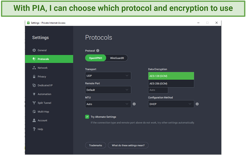 Image shows a screenshot of PIA's Protocol menu within Settings.