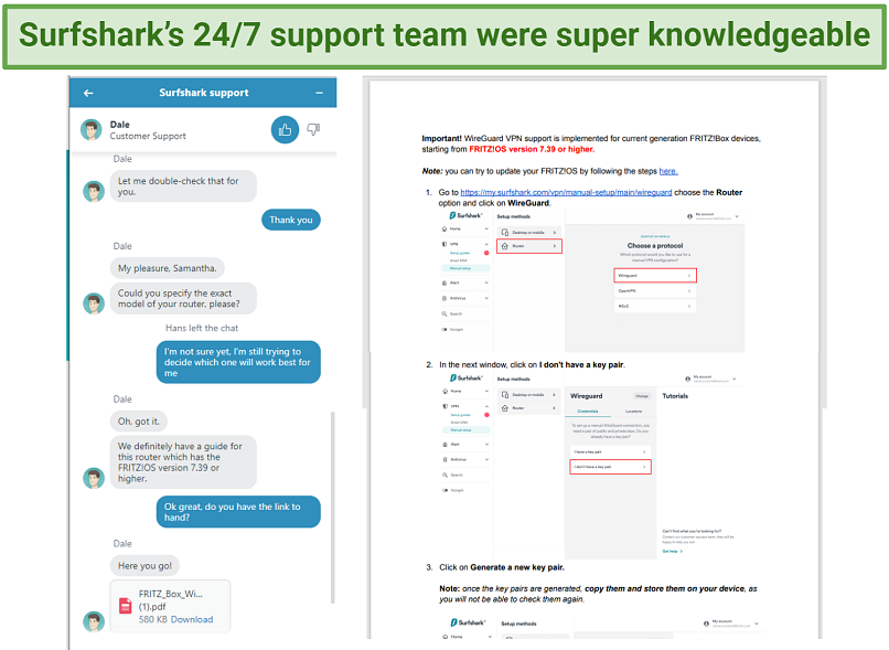 Image shows a chat conversation with Surfshark's support team and a screenshot of the step-by-step instructions supplied