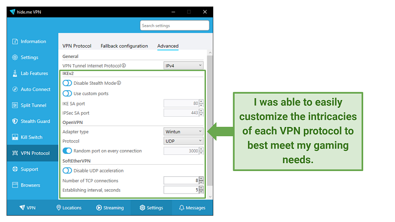 Screenshot showing how you can customize your VPN connection with hideme