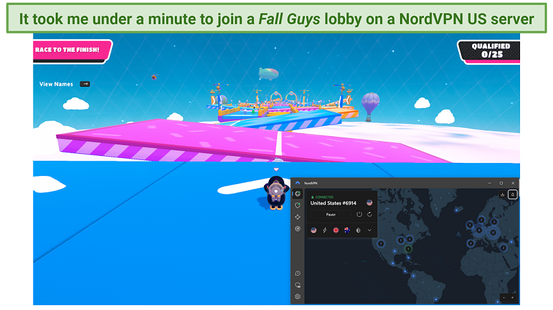 A screenshot showing the writer playing Fall Guys while connected to a NordVPN server in the US
