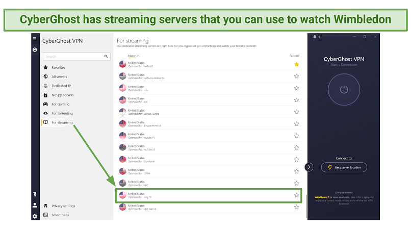 Screenshot of CyberGhost's US Streaming-optimized servers