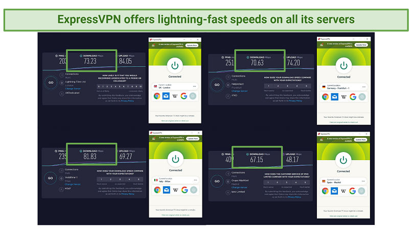 ExpressVPN speed test results when connected to UK, Germany, Italy, and Spain