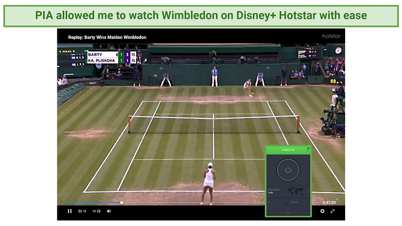 Screenhot showing Wimbledon overlaid with the Private Internet Access app, showing that the VPN can unblock Disney+ Hotstar