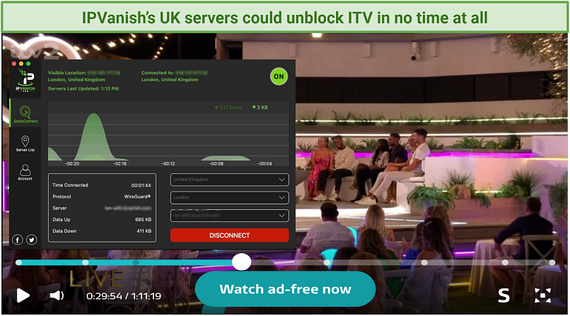 Graphic showing IPVanish with ITV