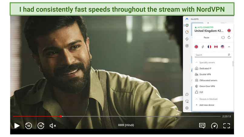 A screenshot of RRR playing on Netflix while connected to one of NordVPN's UK servers