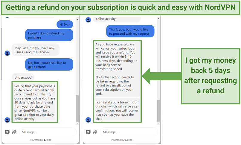 Screenshot of requesting a refund using NordVPN's live chat