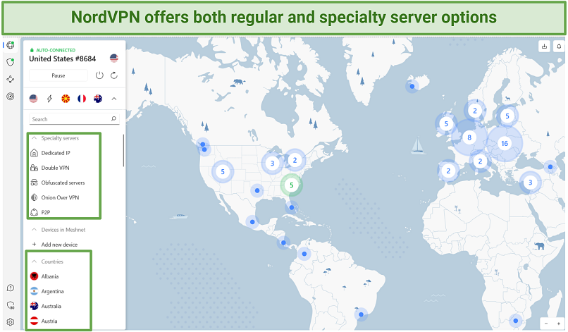 Screenshot of NordVPN's server options