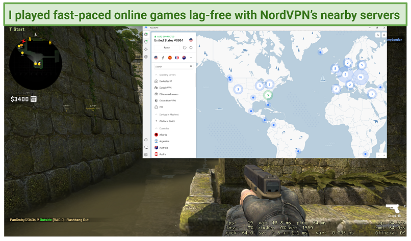 A screenshot showing me playing CS: GO using one of NordVPN's US server