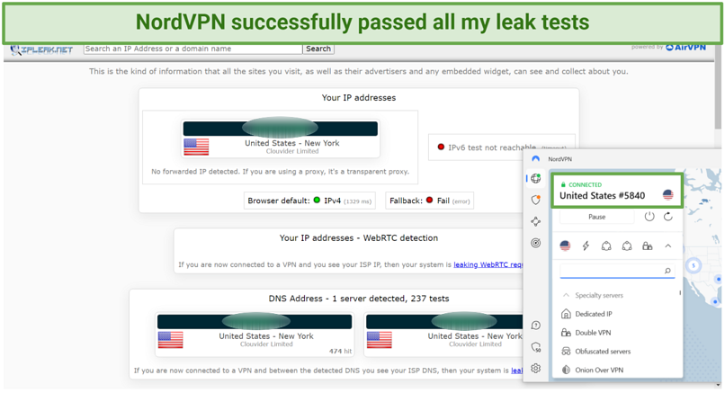 Screenshot of NordVPN passing leak test on ipleak.net