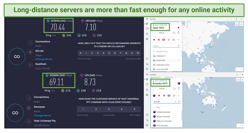 Screenshots of Ookla speed tests while connected to NordVPN's servers in Japan and Australia