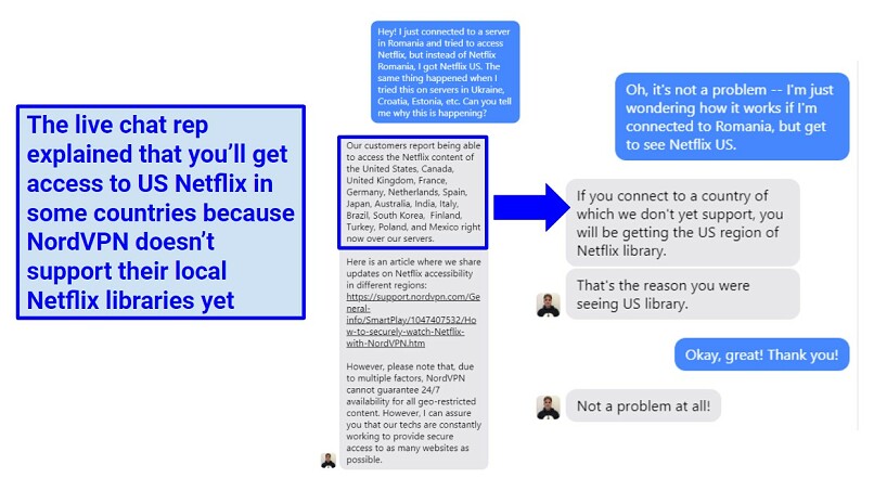 A screenshot of NordVPN's live chat rep explaining why local NordVPN servers connect you to Netflix US