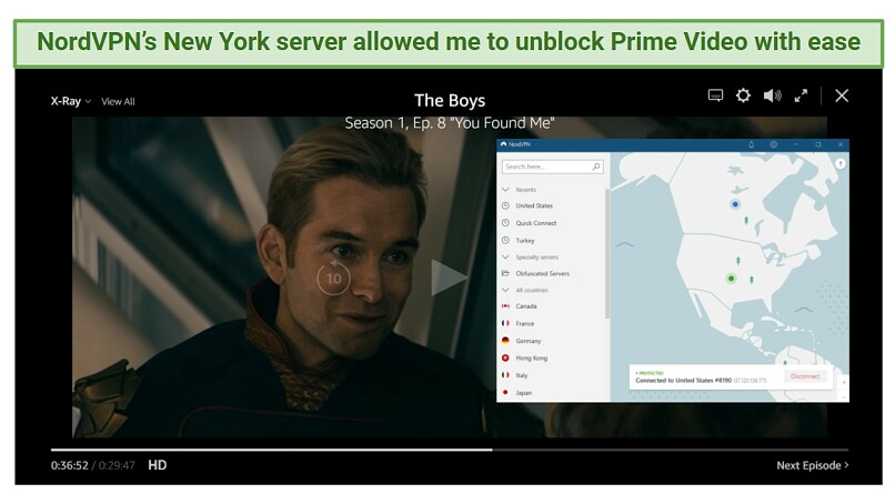 Screenshot of NordVPN unblocking Amazon Prime Video