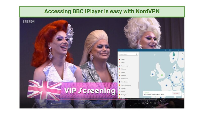 A screenshot of NordVPN unblocking BBC iPlayer