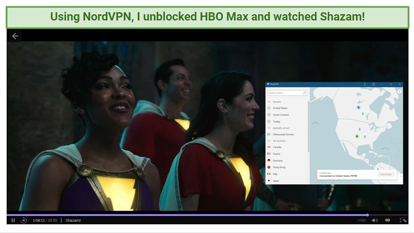 A screenshot of NordVPN unblocking HBO Max
