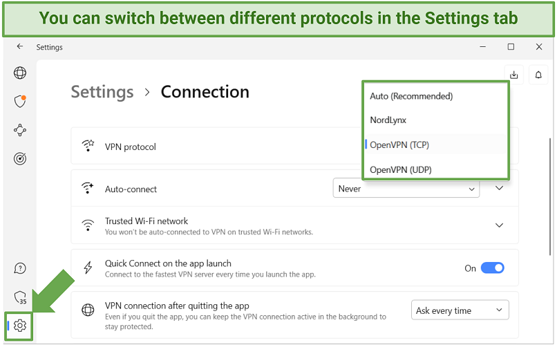 Screenshot of NordVPN's security protocols in the app