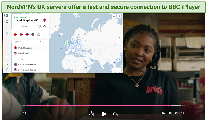 A screenshot showing Champion playing on BBC iPlayer while connected to one of NordVPN's UK servers