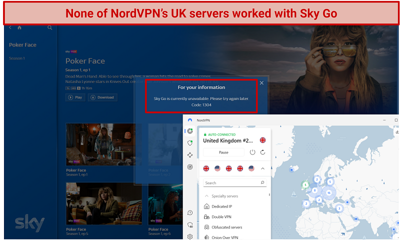 Screenshot of an error message when trying to watch Sky Go with NordVPN