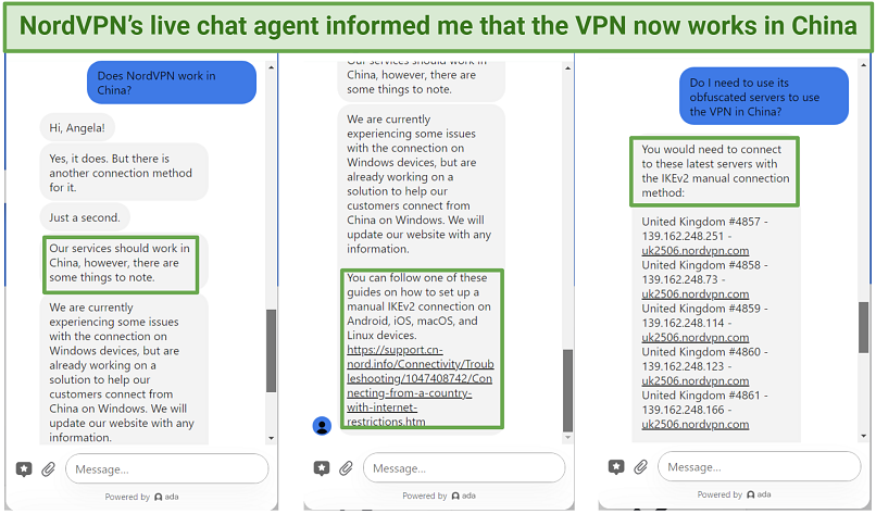 Screenshot of NordVPN's live chat informing me that the VPN works in China