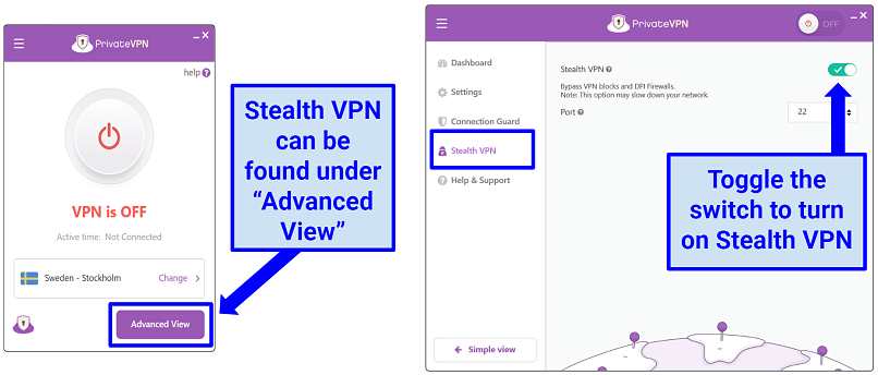 A screenshot showing how to turn on PrivateVPN's Stealth VPN feature on its Windows app