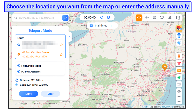 Screenshot showing how to choose a location in the spoofing app