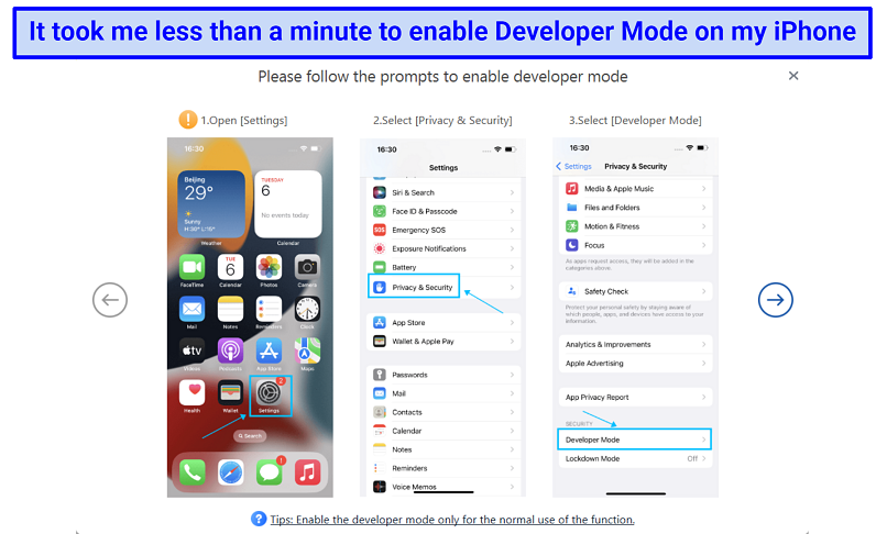 Screenshot showing how to enable Developer Mode on iPhone