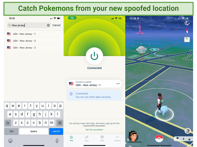 A screenshot of Pokemon GO gameplay from a spoofed location while using a VPN to match the new location