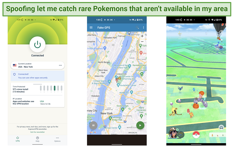 A screenshot showing a Pokemon GO gameplay with location spoofed on Android