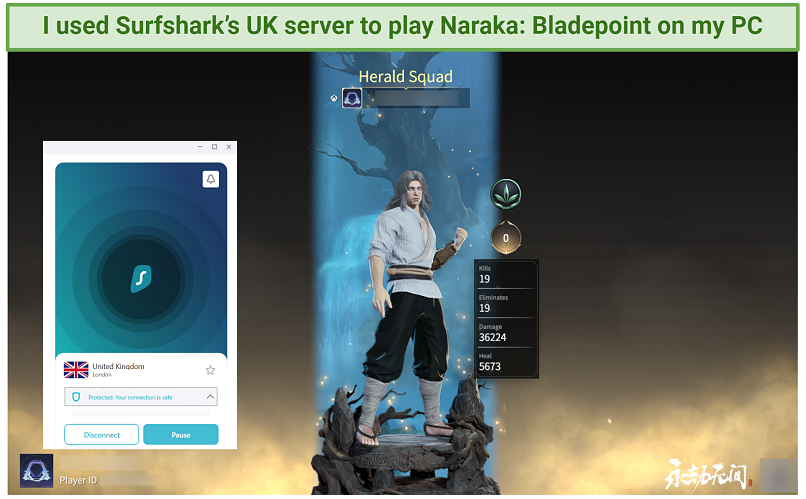 screenshot of Naraka: Bladepoint stats page with Surfshark connected