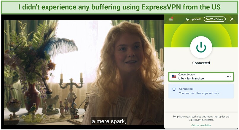 A screenshot of ExpressVPN streaming Hulu connected to a server in San Francisco.