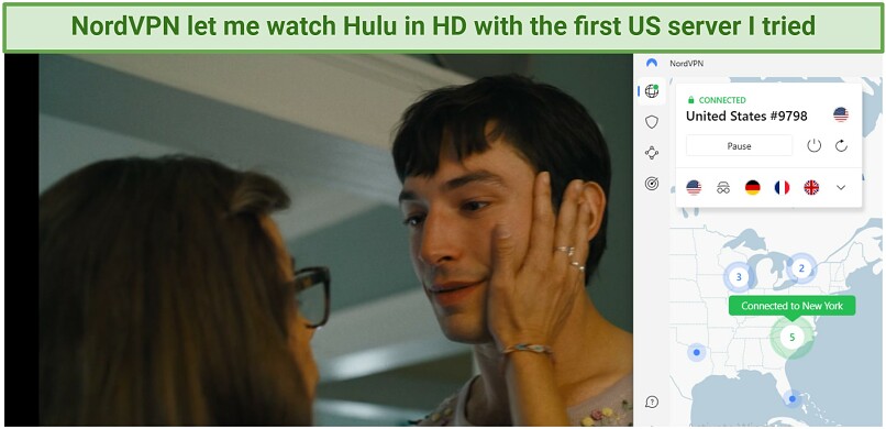 a screenshot of The Flash on Hulu, with Nordvpn connected to the US New York server