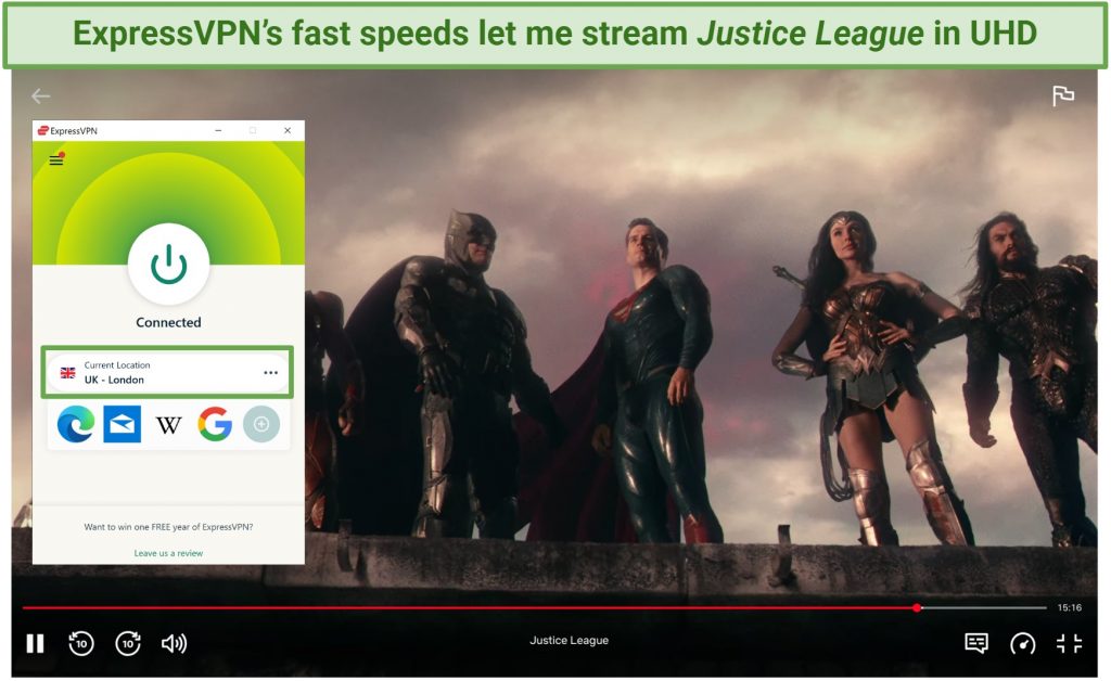 Screenshot of streaming Justice League with ExpressVPN UK server
