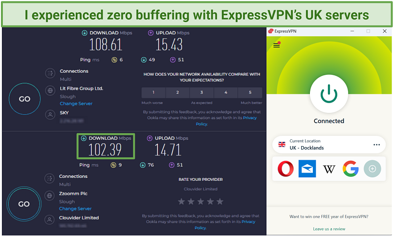 Screenshots of speed tests while connected to some of ExpressVPN's UK servers
