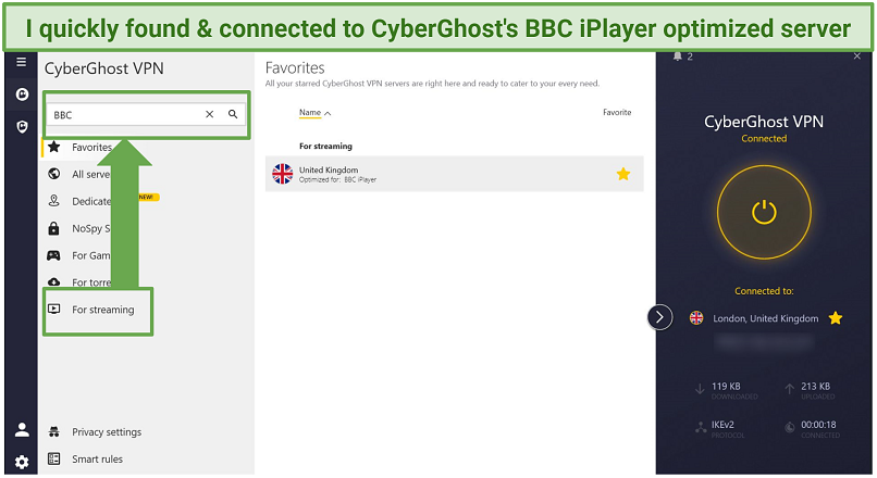 Screenshot of CyberGhost servers optimized for BBC iPlayer