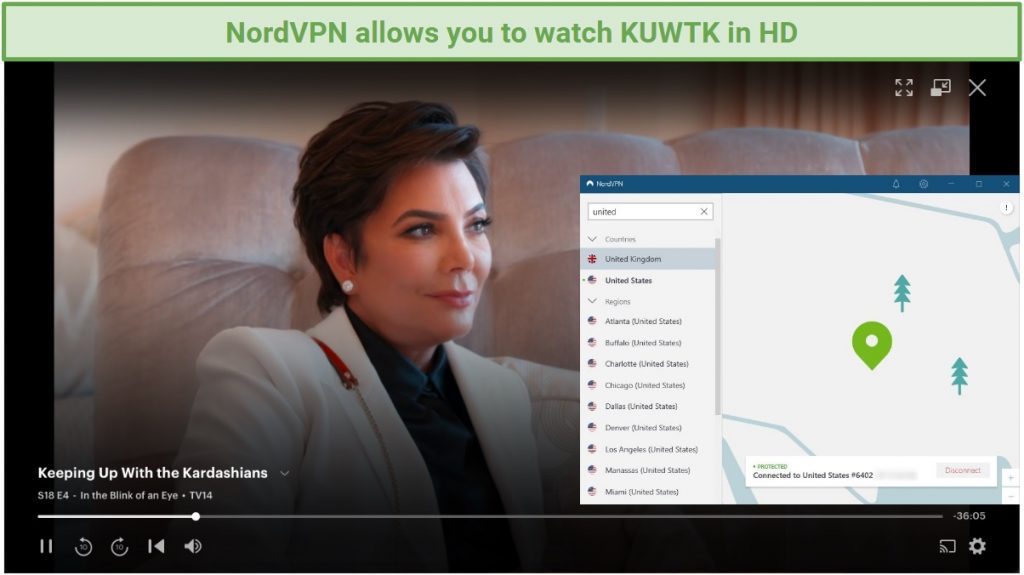 screenshot of Hulu player streaming Keeping Up With the Kardashians and NordVPN UI
