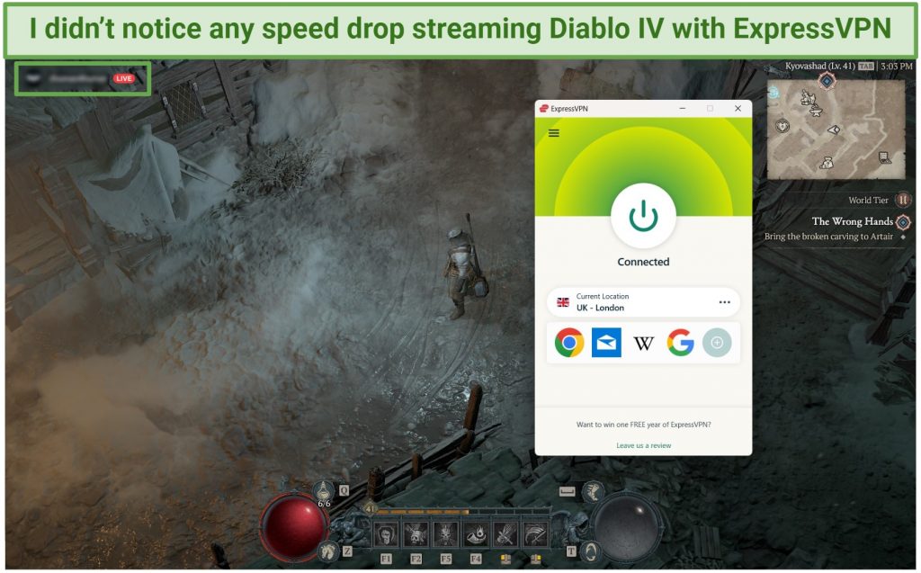 Screenshot of playing Diablo 4 while connected to ExpressVPN.