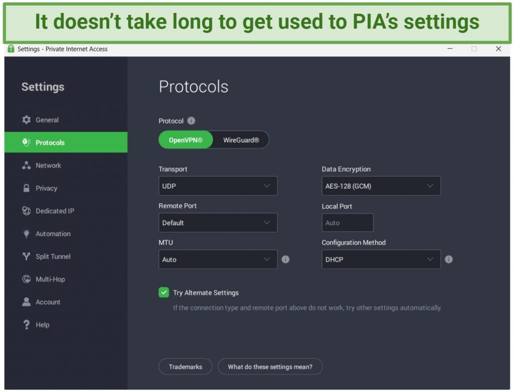 Screenshot of PIA's Windows app with its Protocols settings open.
