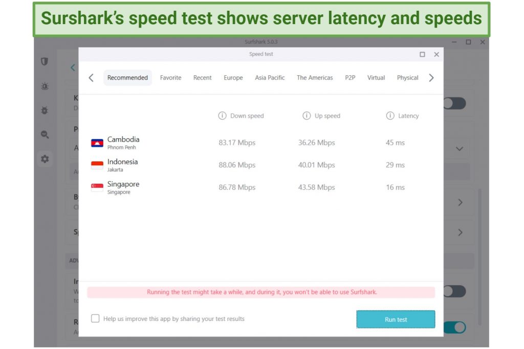 Screenshot of Surfshark's in-app speed test with recommended server results.