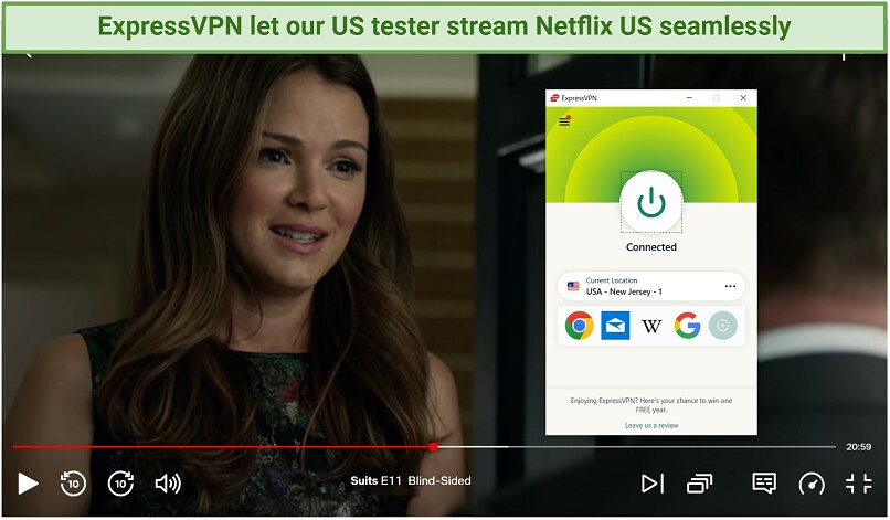 A screenshot of Suits on Netflix US with ExpressVPN connected to New Jersey